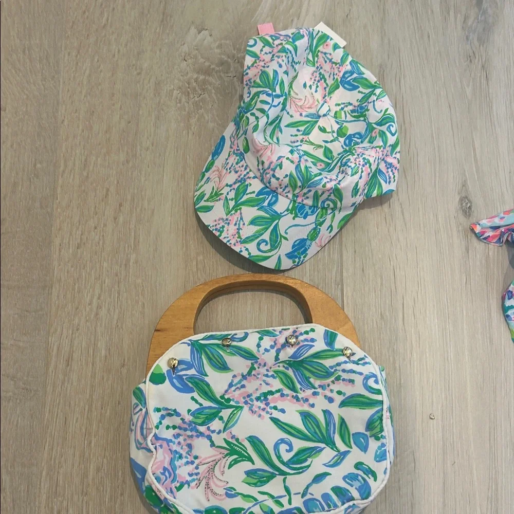Lilly Pulitzer Floral Print Hat and Bag Set - Pink, Blue, Green hat with tags. - Picture 1 of 2